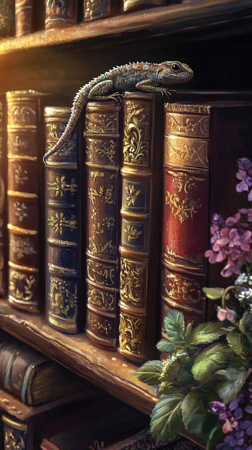 Lizard Resting On Magical Bookshelf In Warm Sunlight