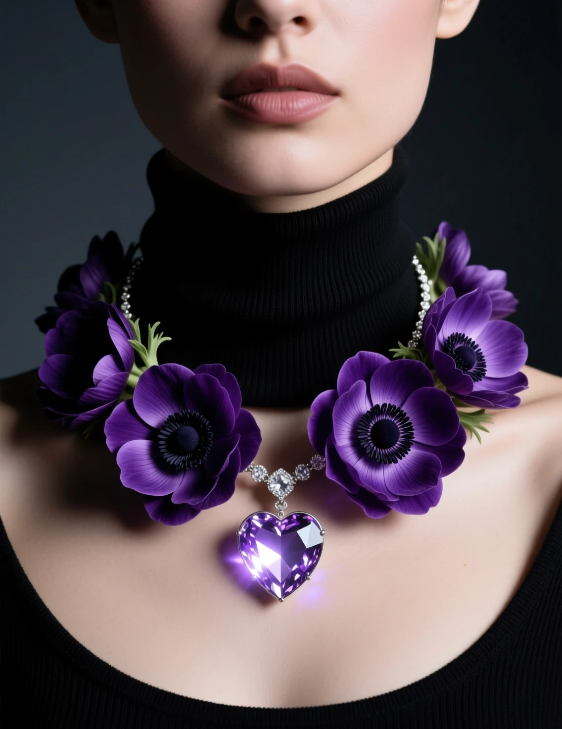 Close up fashion portrait with floral crystal necklace