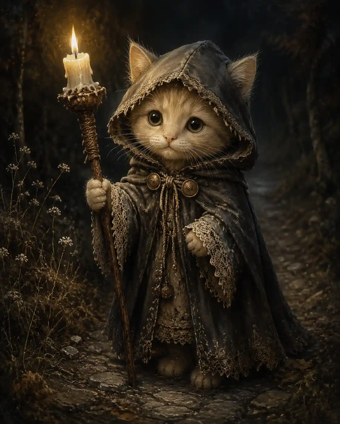 Cloaked kitten mage with candlelit staff on forest path