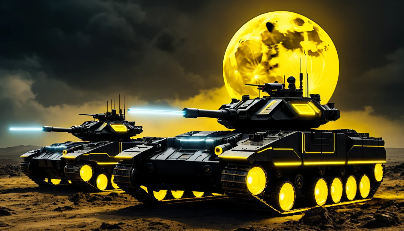 Futuristic robotic tanks lined up on a neon lit moon