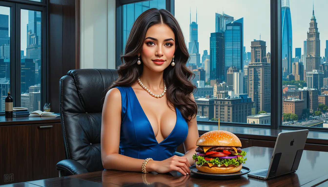 Confident businesswoman in blue cocktail dress at office desk
