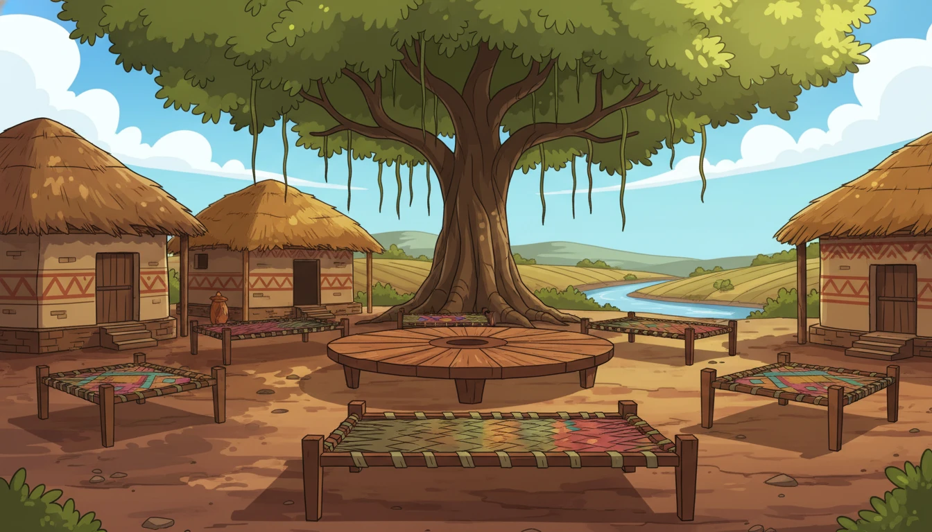 Cartoon top view of an Indian panchayat style courtyard