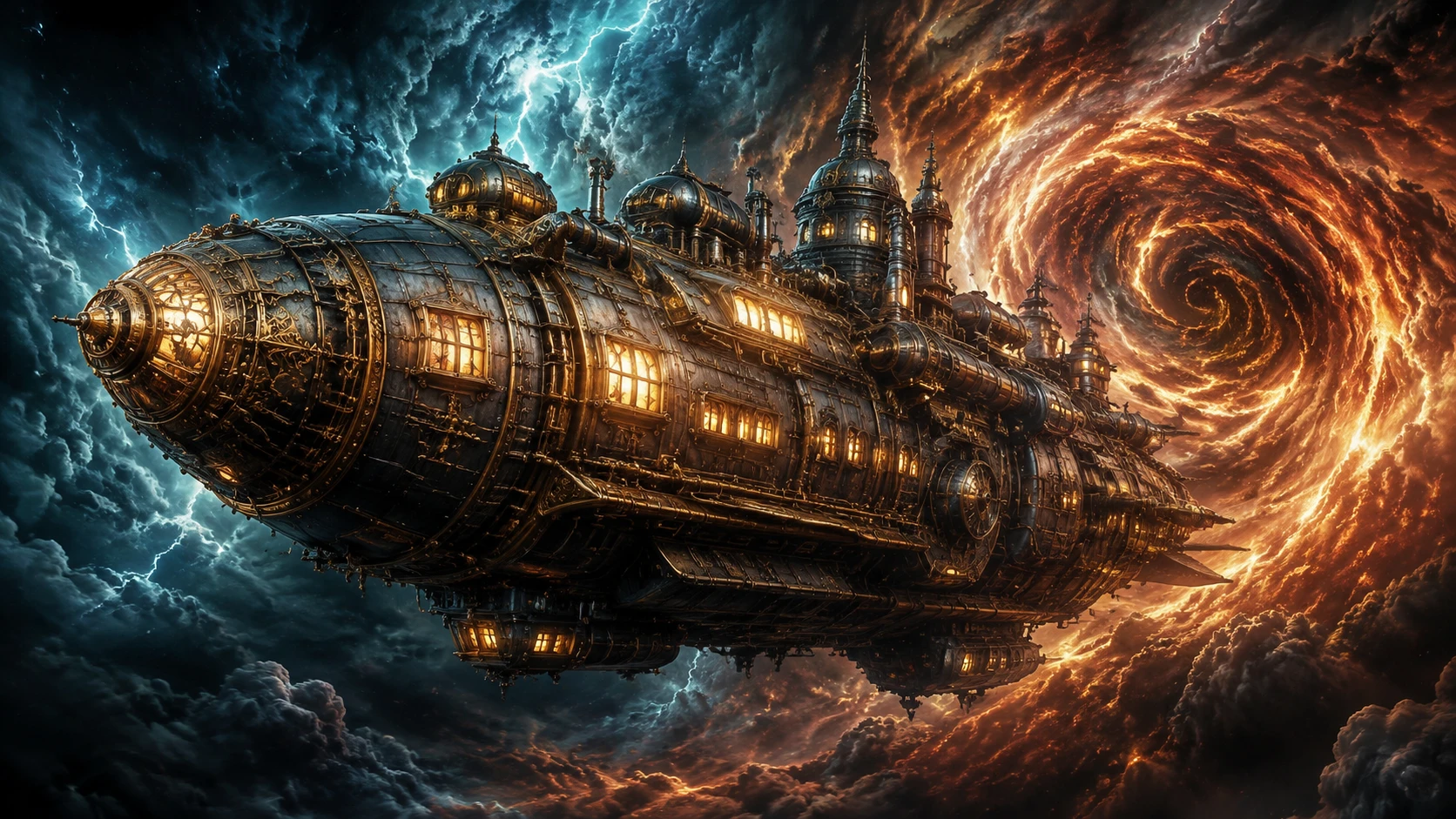 Colossal Steampunk Spaceship In A Turbulent Cosmic Storm