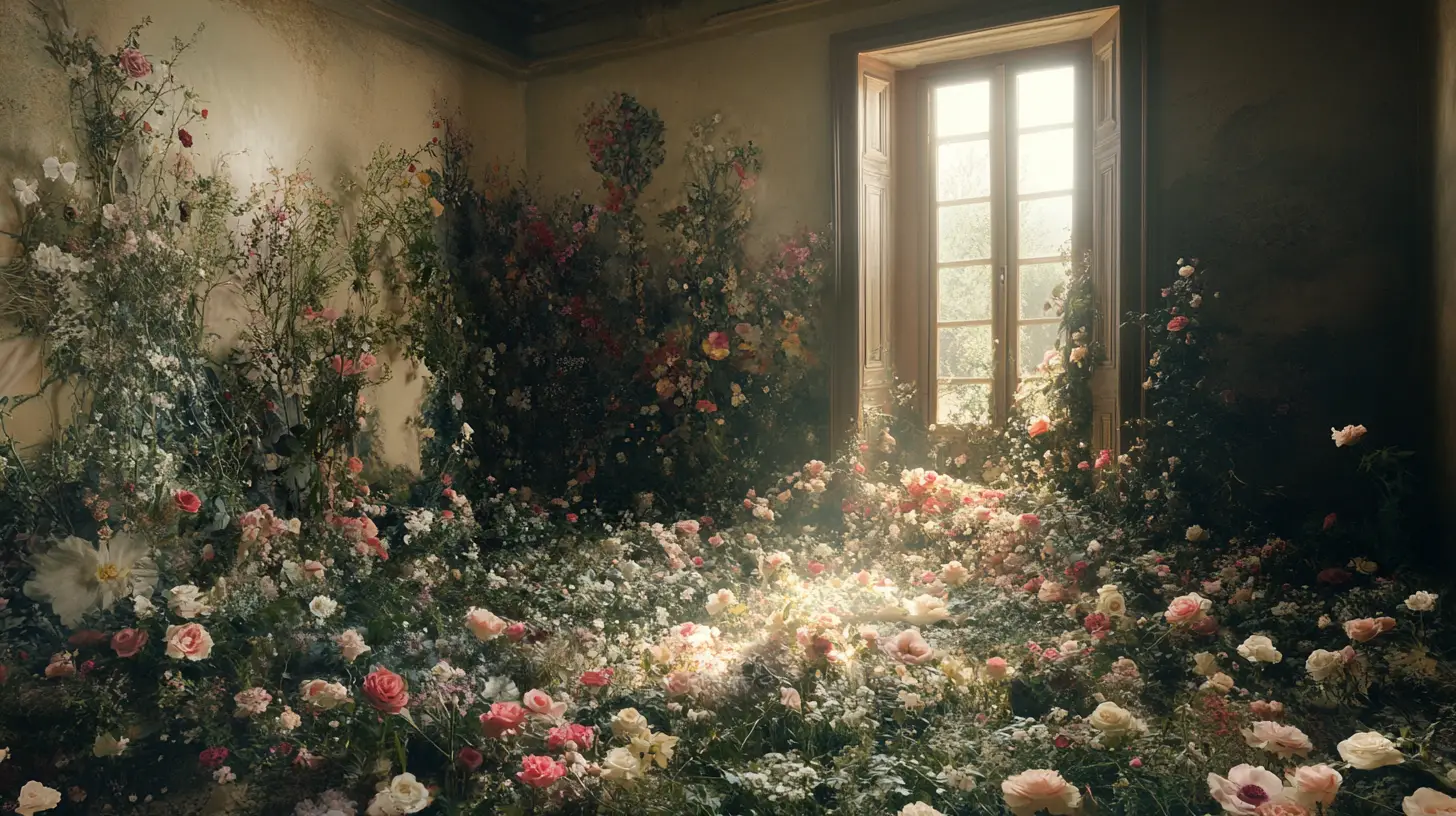 Surreal dreamscape of flowers merging with ethereal surroundings