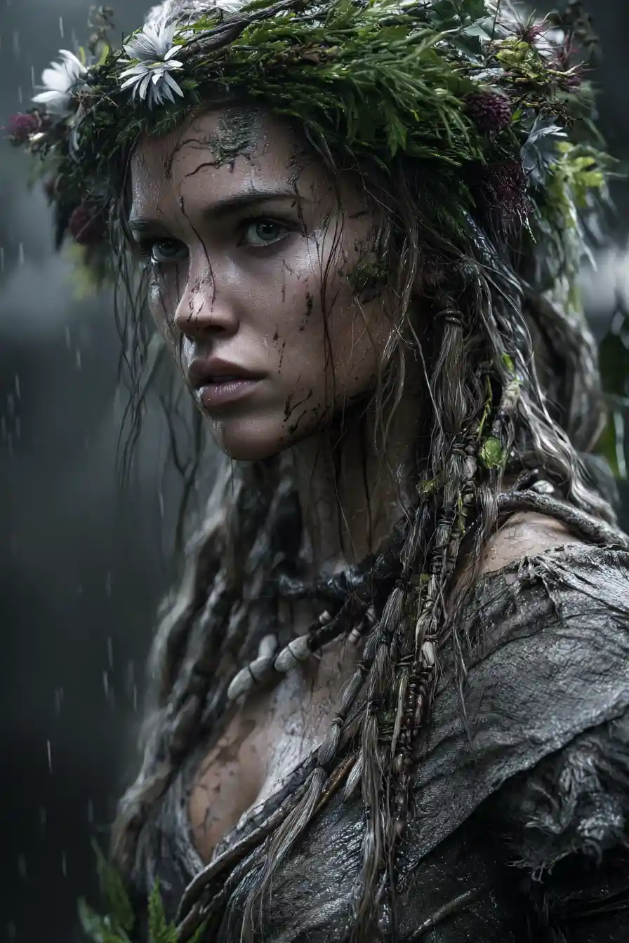 Ancient goddess standing in a stormy pagan forest