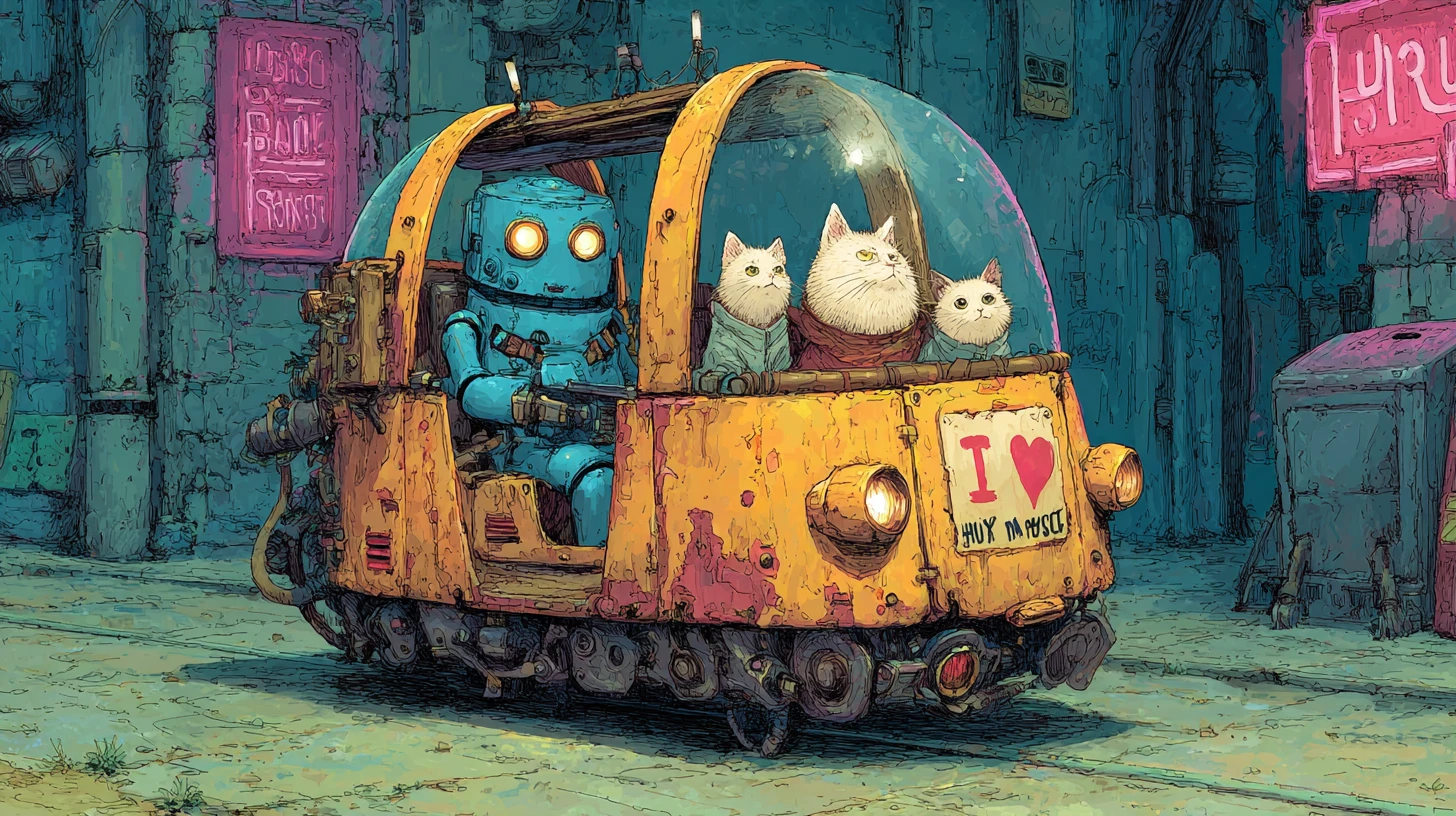 Rusty taxi robot flying cab with cats in spacesuits