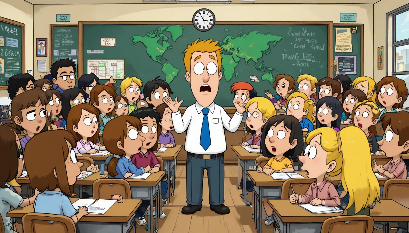 Cartoon school classroom with surprised students and teacher
