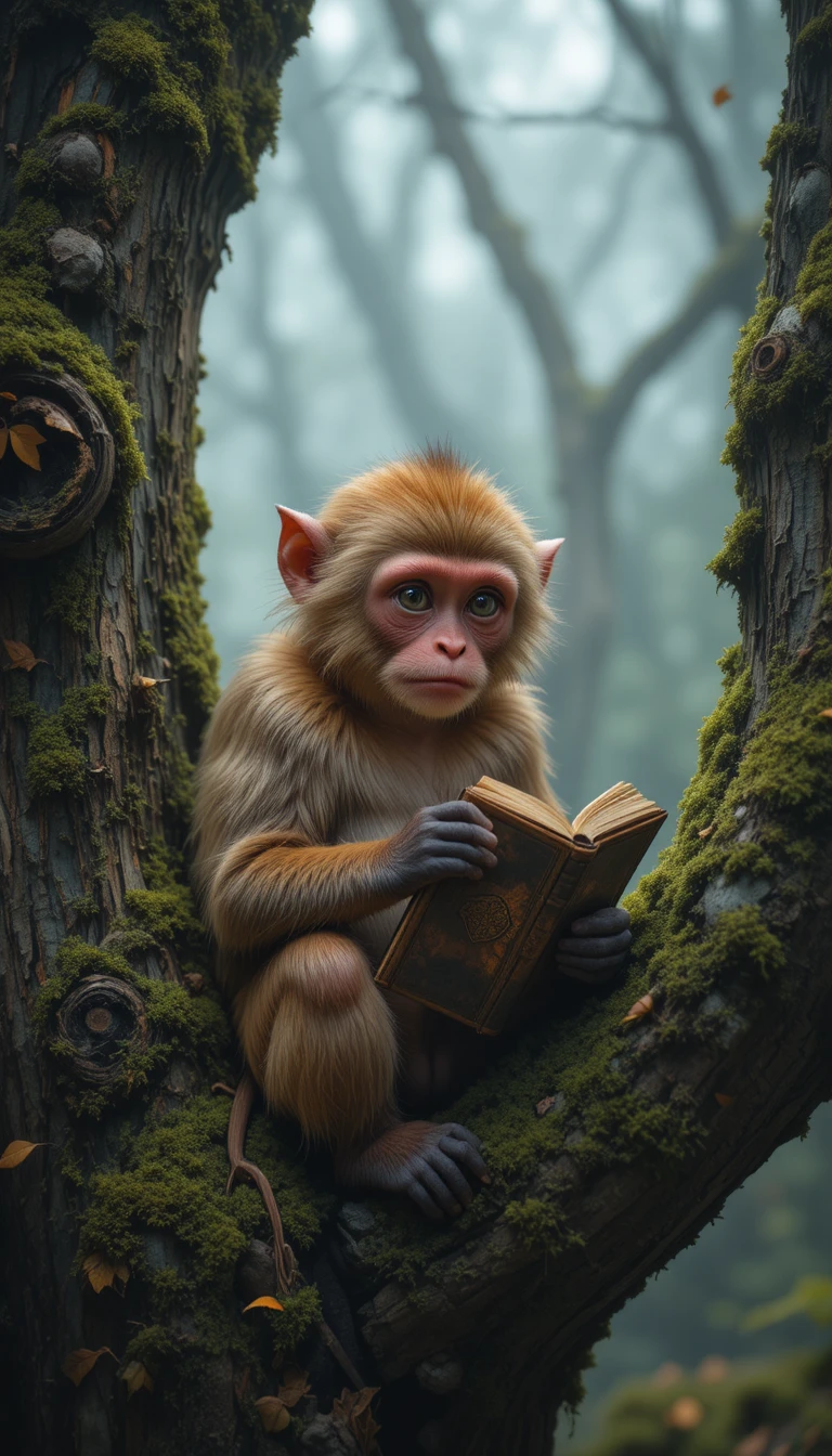 Calm monkey with book resting in a misty forest tree