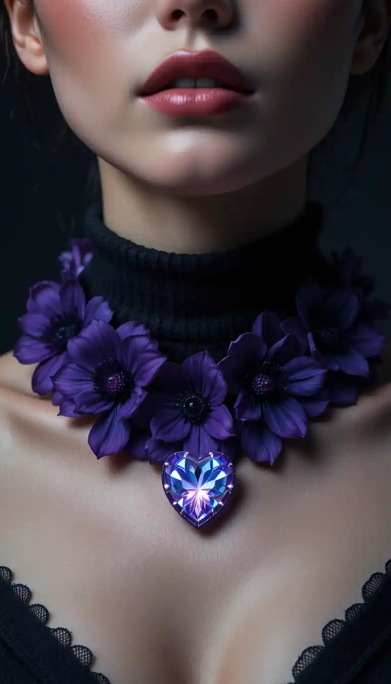 Close up floral necklace with glowing crystal pendant