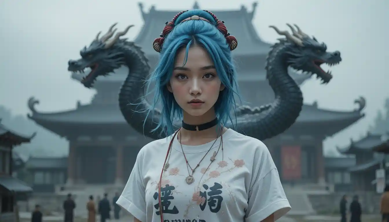 Blue haired anime woman tied to a post with dragons
