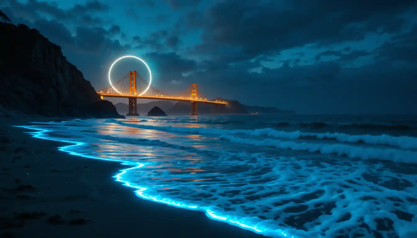Bioluminescent Waves Rolling Onto A Calm Night Beach