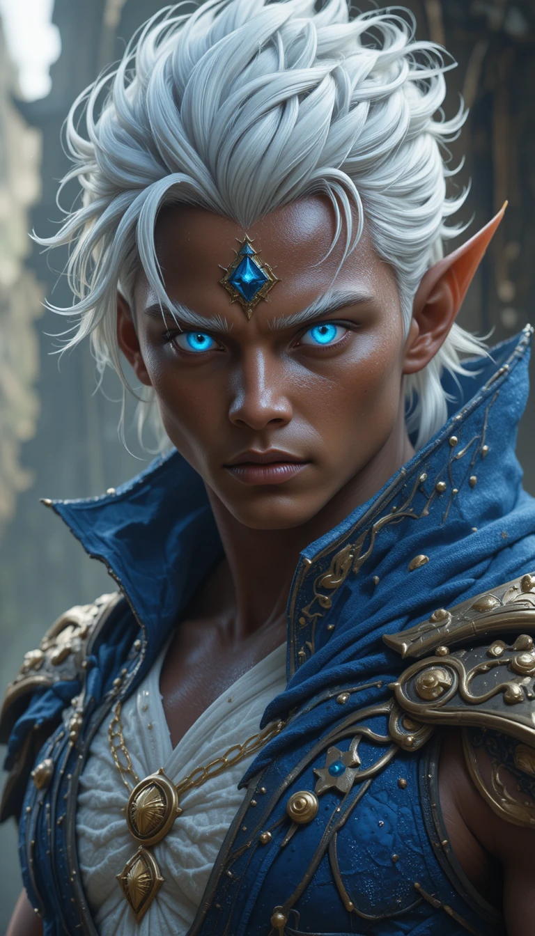 Brown skinned dragon man with glowing blue eyes and goat horns