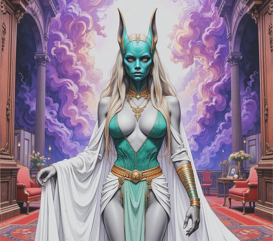 Jackal headed woman in flowing white robe amid cosmic light