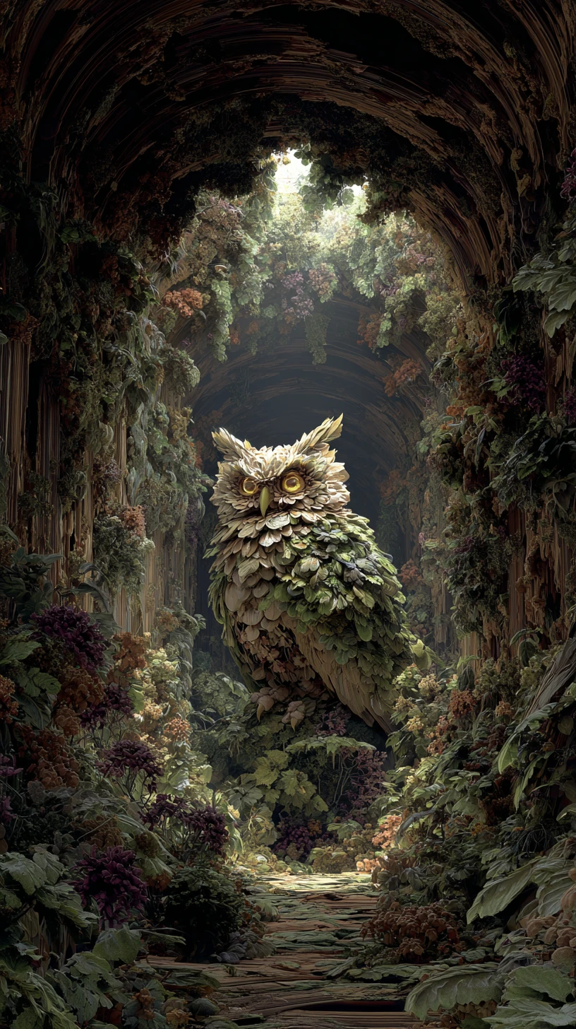 Búho surreal dentro de un arco de bosque vivo