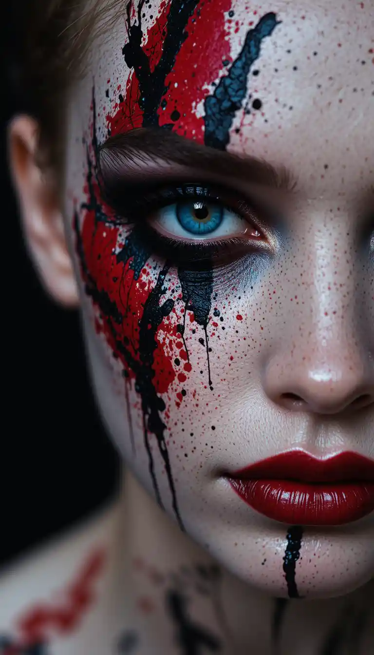 Intensives Nahporträt mit wildem schwarzem und rotem Gesichtsmakeup