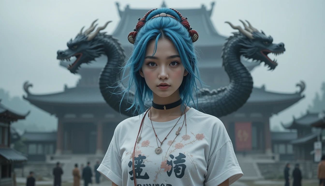 Blue haired anime woman tied to a post with dragons