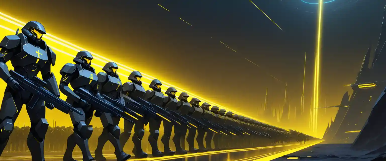 Massive sci fi army of soldiers marching at night