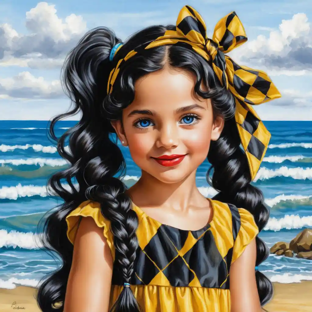 Smiling girl with long curly hair and checkered headscarf