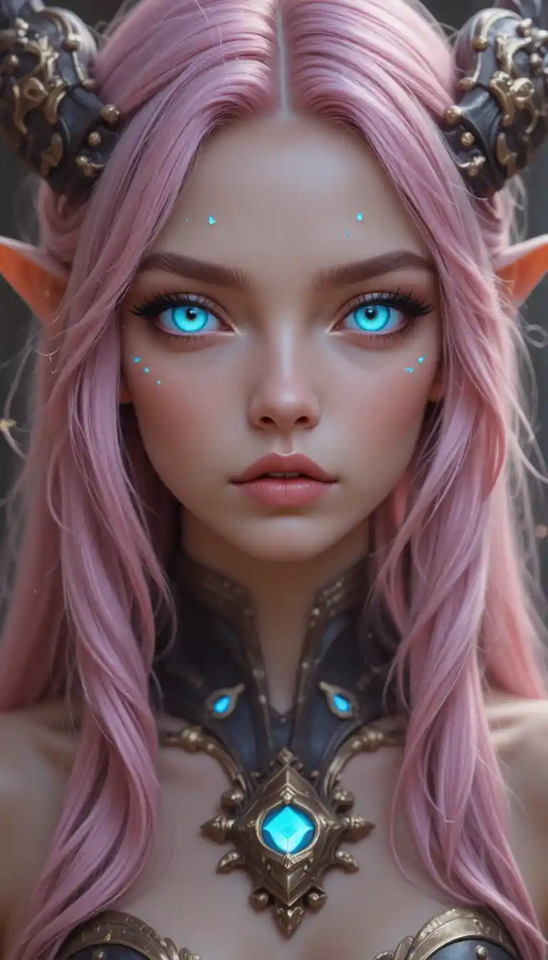 Young huppermage girl with pale pink hair and blue eyes