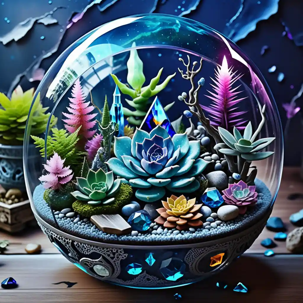 Mystical glass terrarium of succulents and occult gemstones