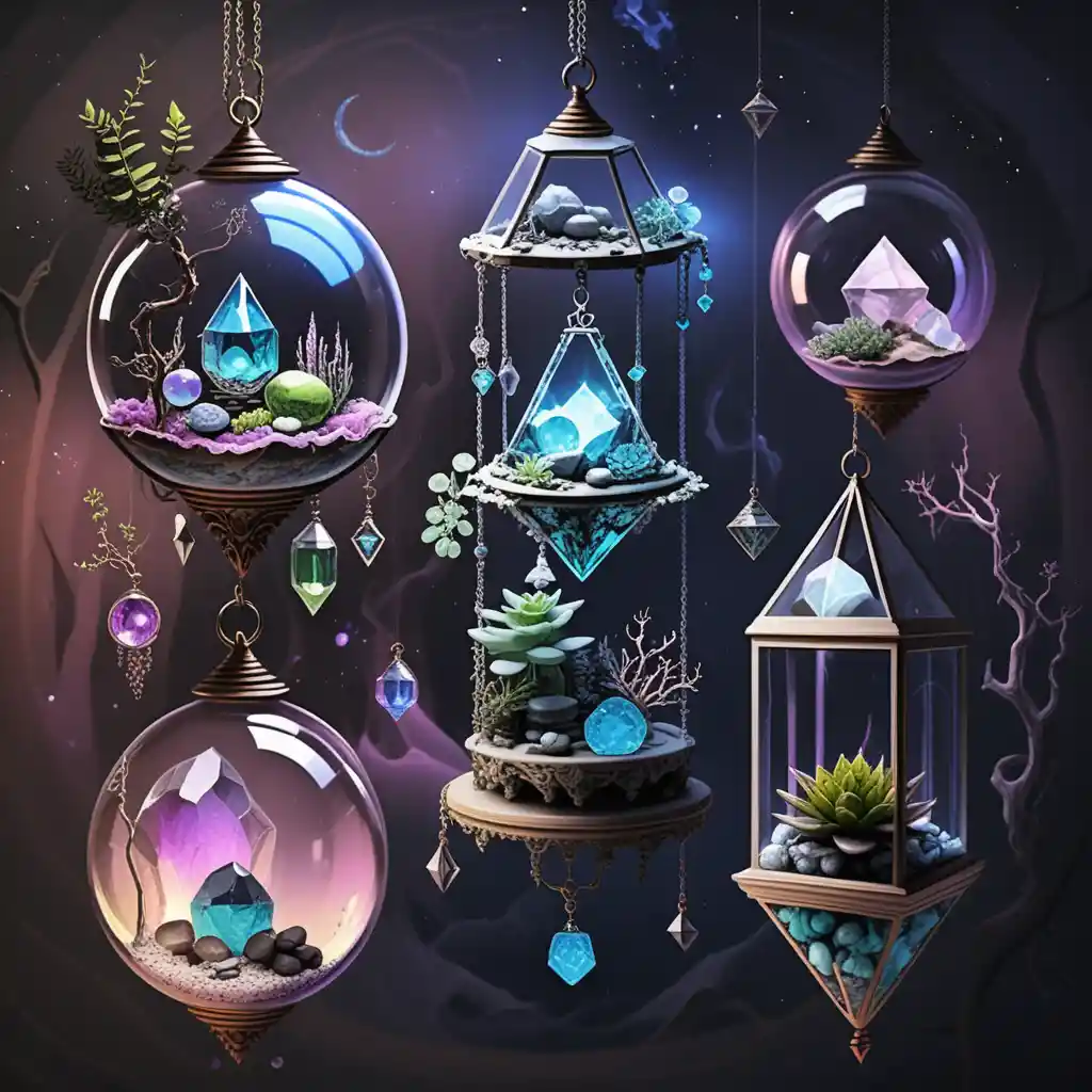 Hanging glass terrariums with gemstones and succulents