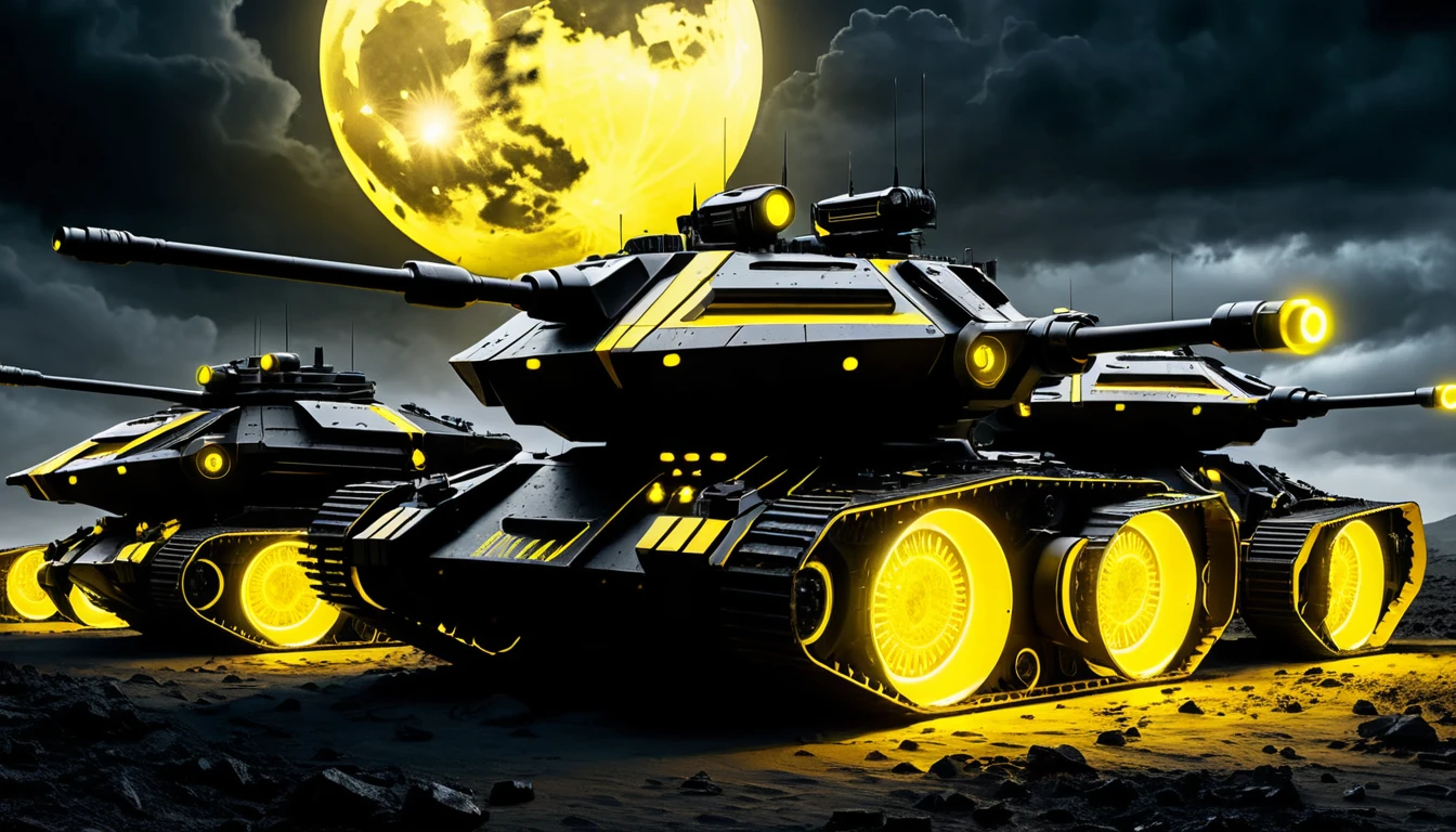 Futuristic robotic tanks lined up on a neon lit moon