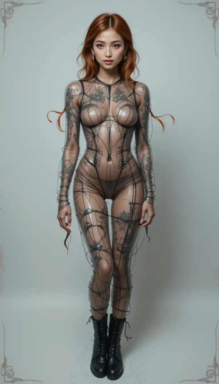 Heavily tattooed woman posing in clear plastic dress