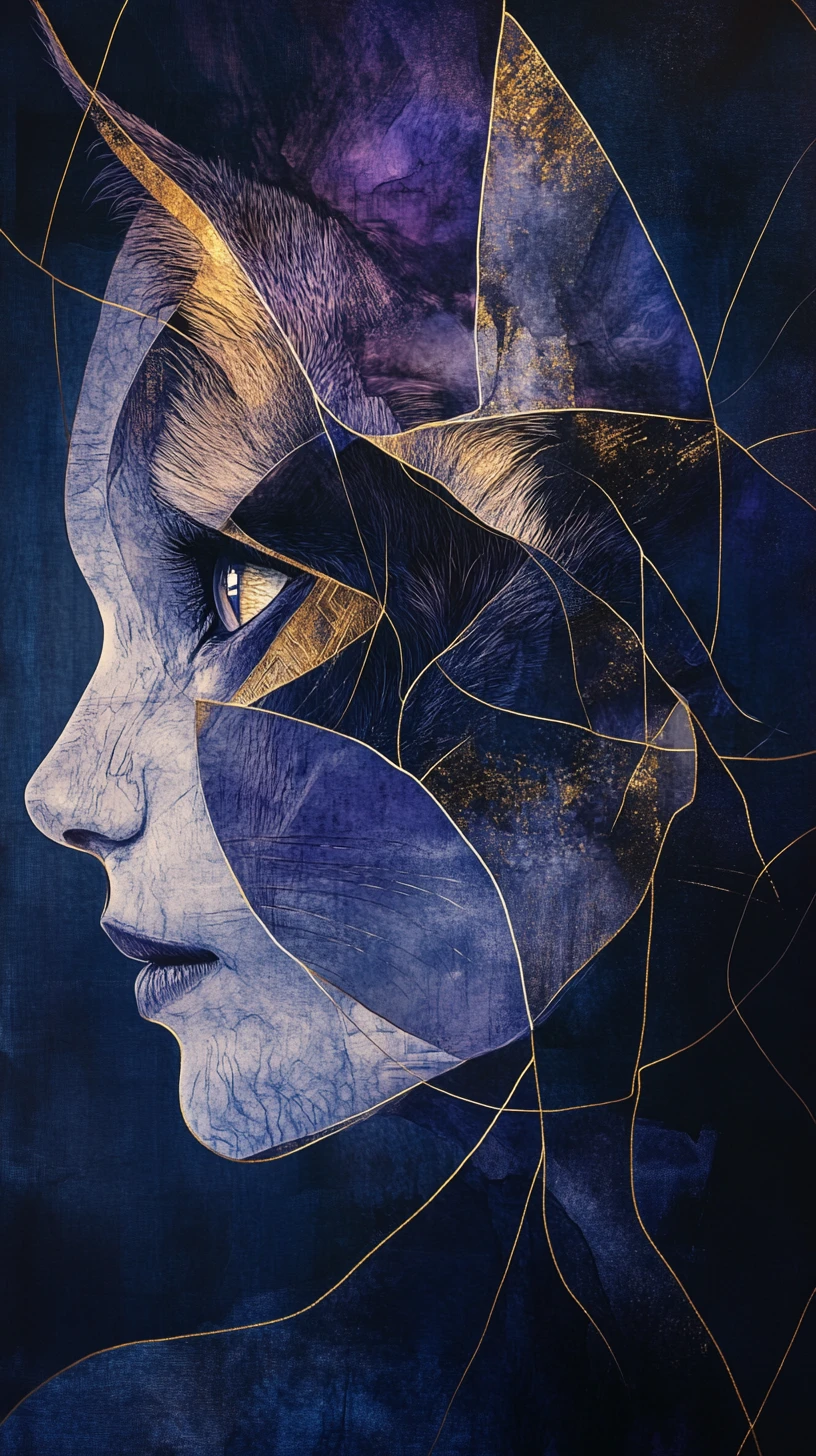 Surreal cat portrait within a human silhouette in gold and violet