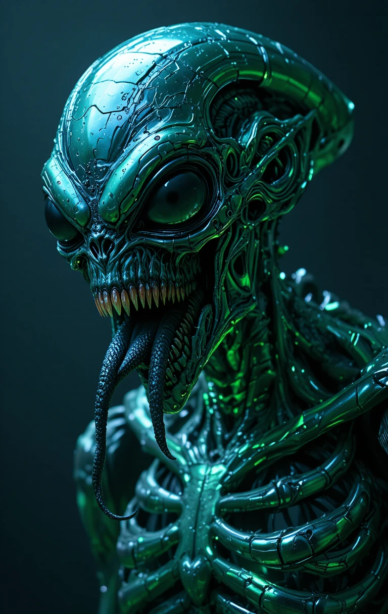 Alien monster with chrome skin and fanged serpentine mouth