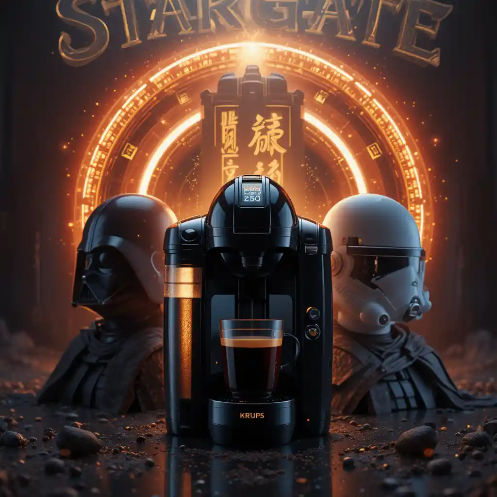 Futuristic coffee machine before a glowing sci fi portal