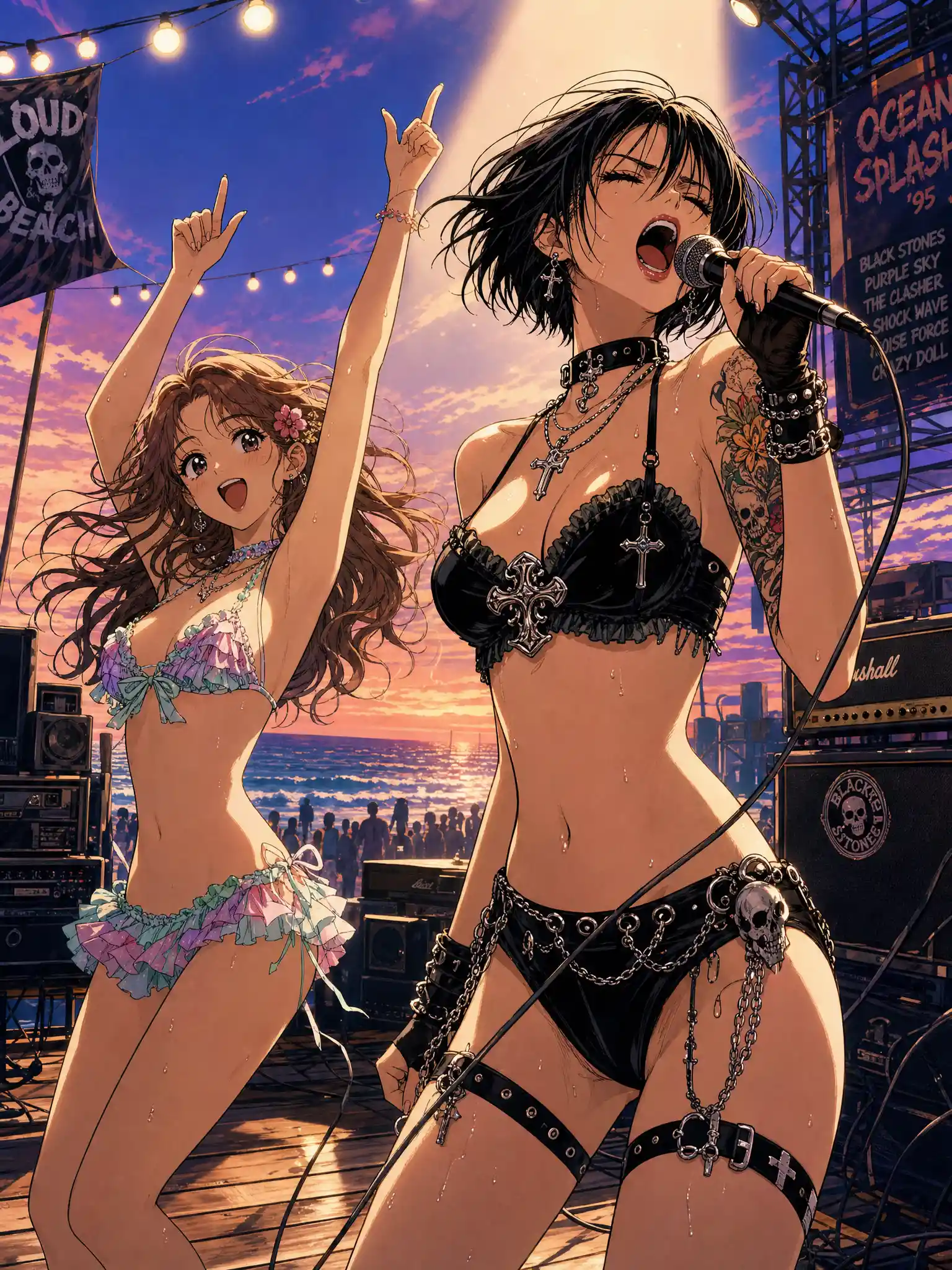 Punk singer performing on a beach festival stage at sunset