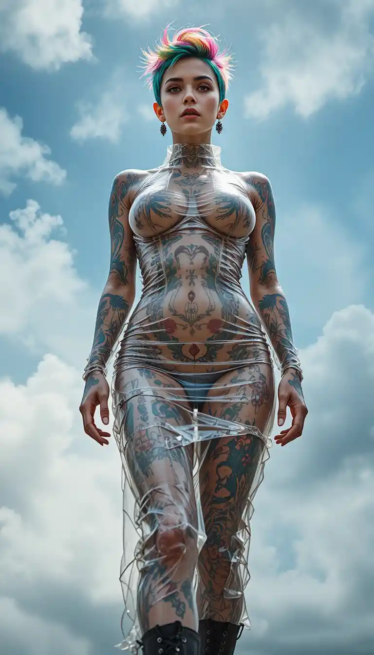 Heavily tattooed woman in clear plastic dress from below