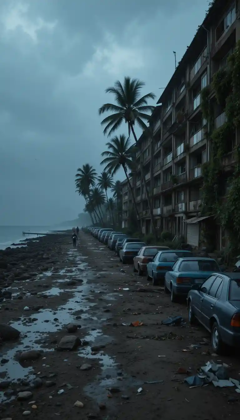 Gloomy coastal apartments at dusk beside calm dark water