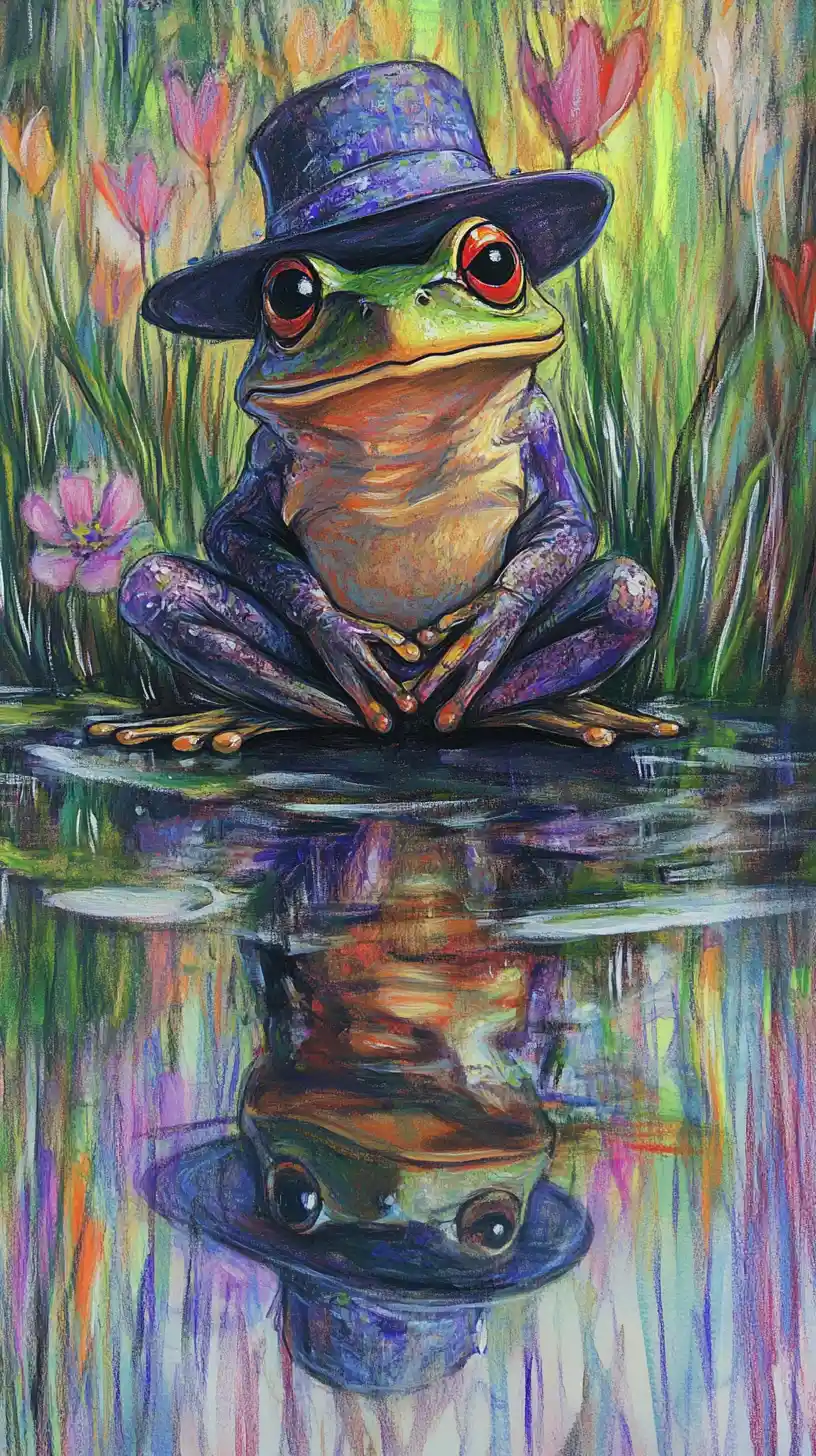 Thoughtful frog in a victorian hat in a rainy meadow