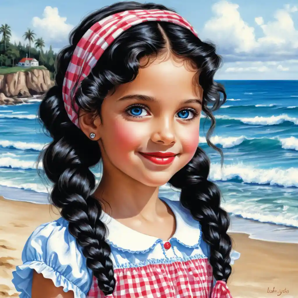Smiling girl with fishtail braid in summer headscarf