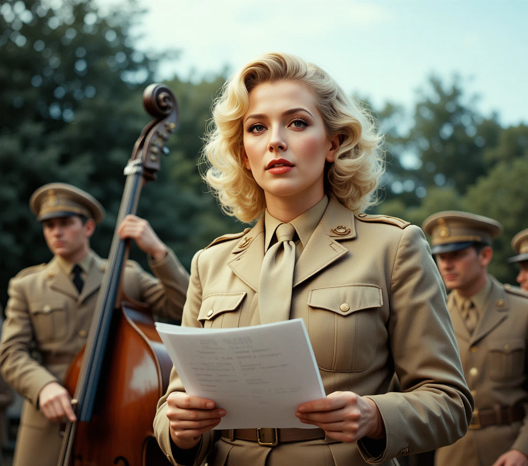 Blonde woman in uniform speaking into a vintage microphone