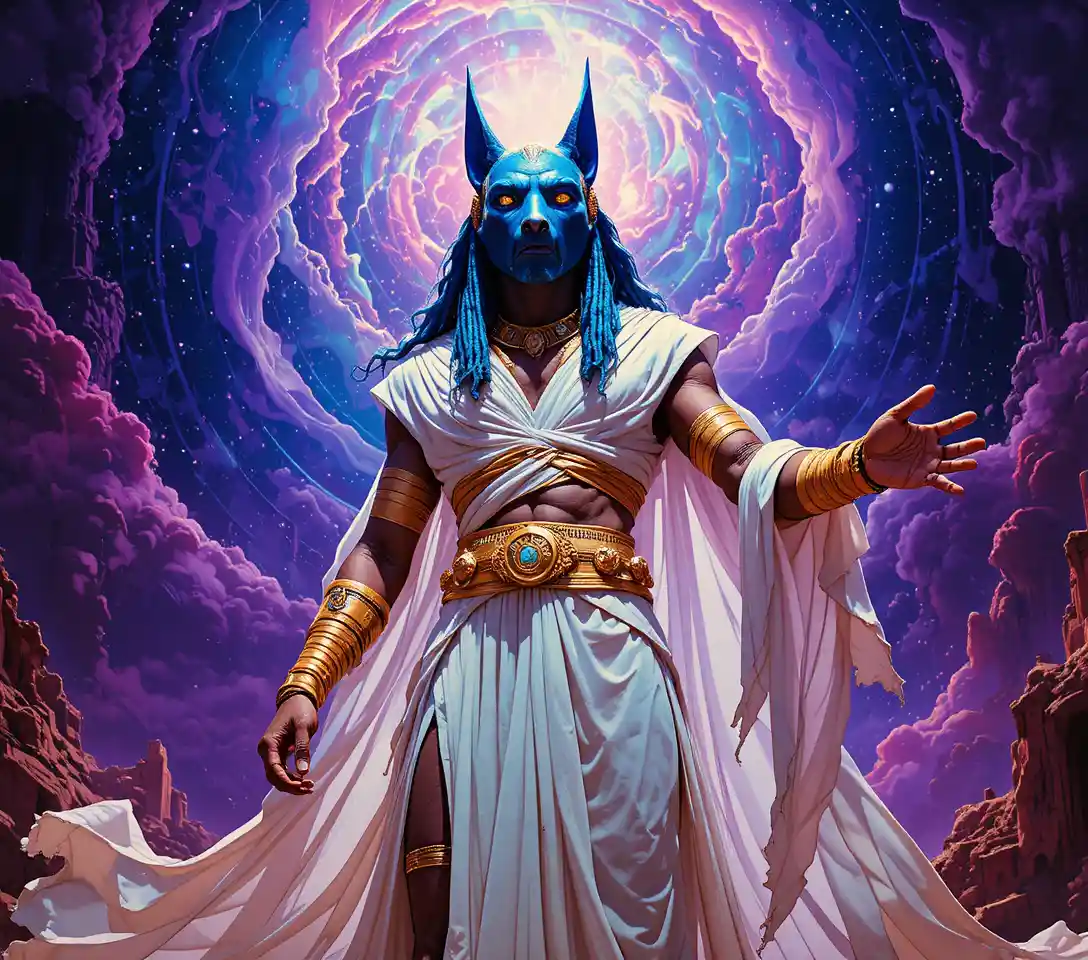 Jackal headed figure commanding in swirling cosmic light