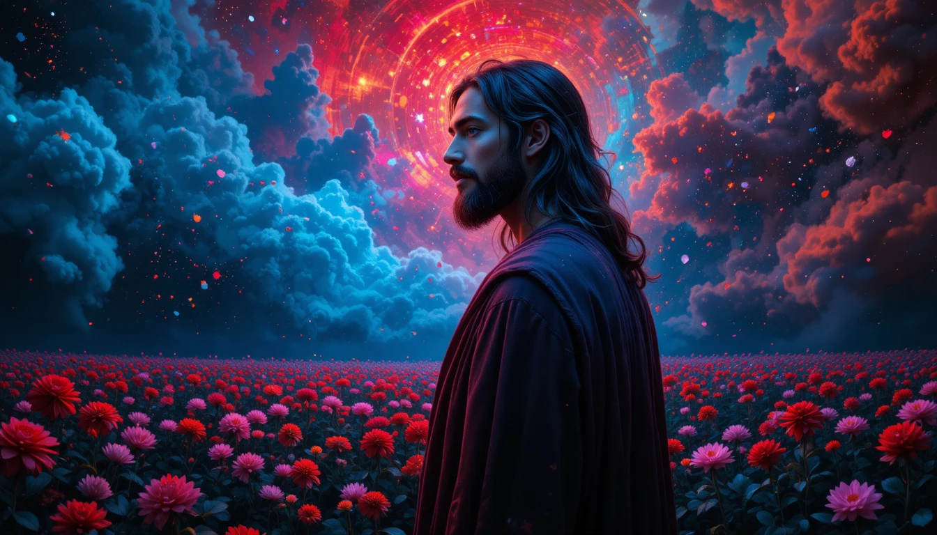 Jesus standing in a dark dreamlike field of flowers
