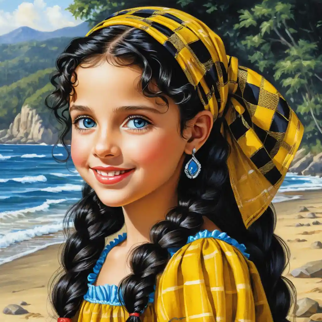 Smiling girl with curly black hair in summer attire