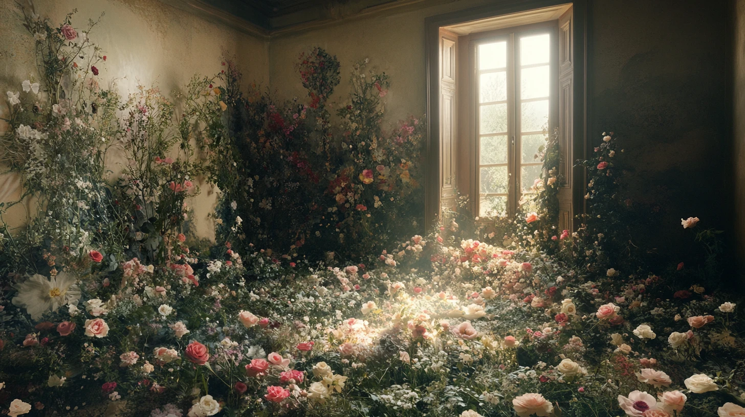 Paisaje onírico surreal de flores fusionándose con un entorno etéreo