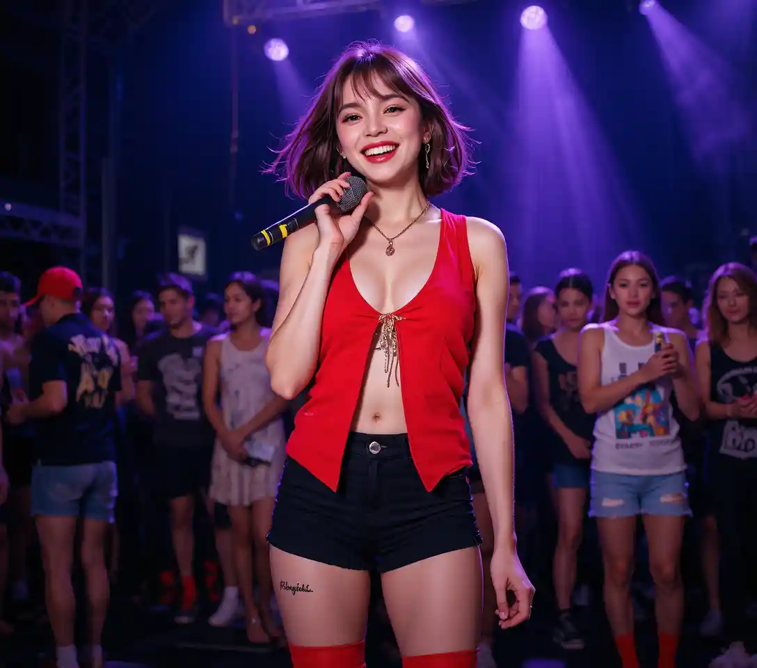 Smiling brunette singer on stage in red and black outfit