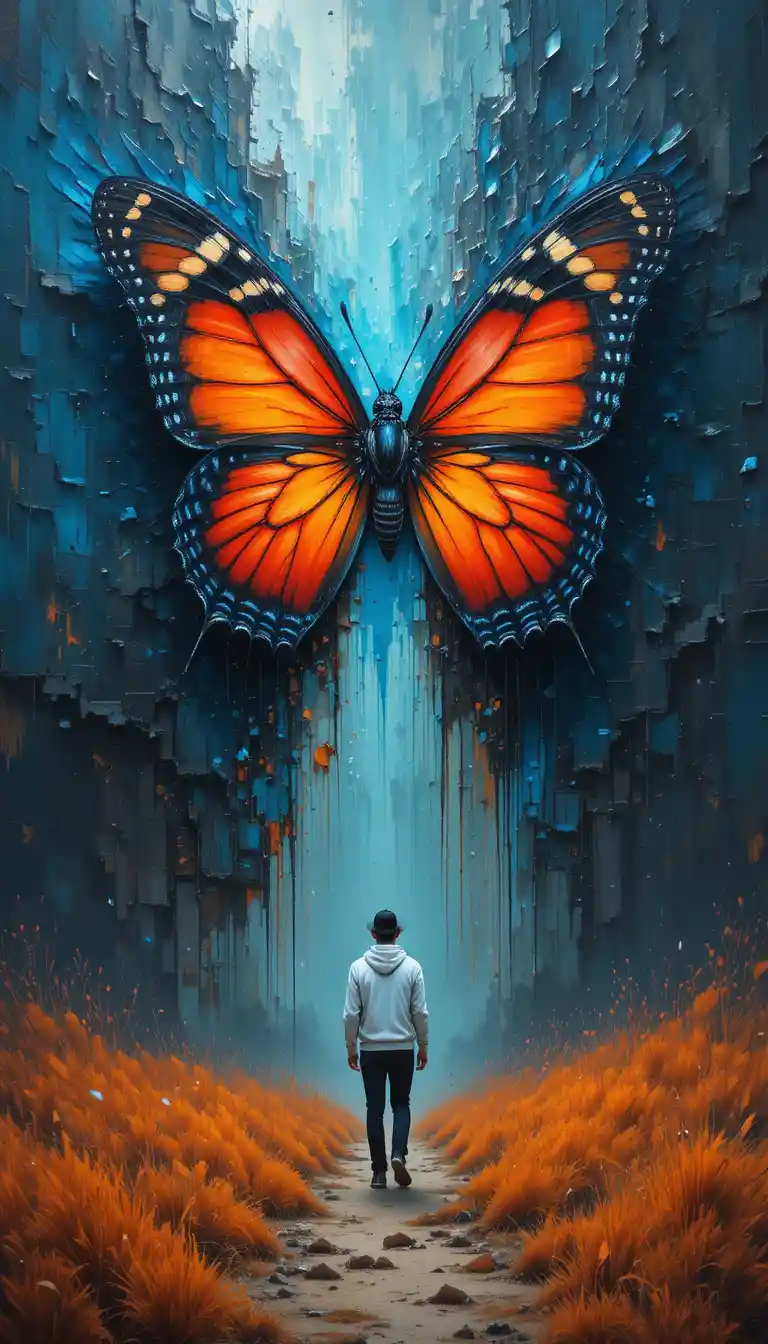 Man on path before giant colorful butterfly wings