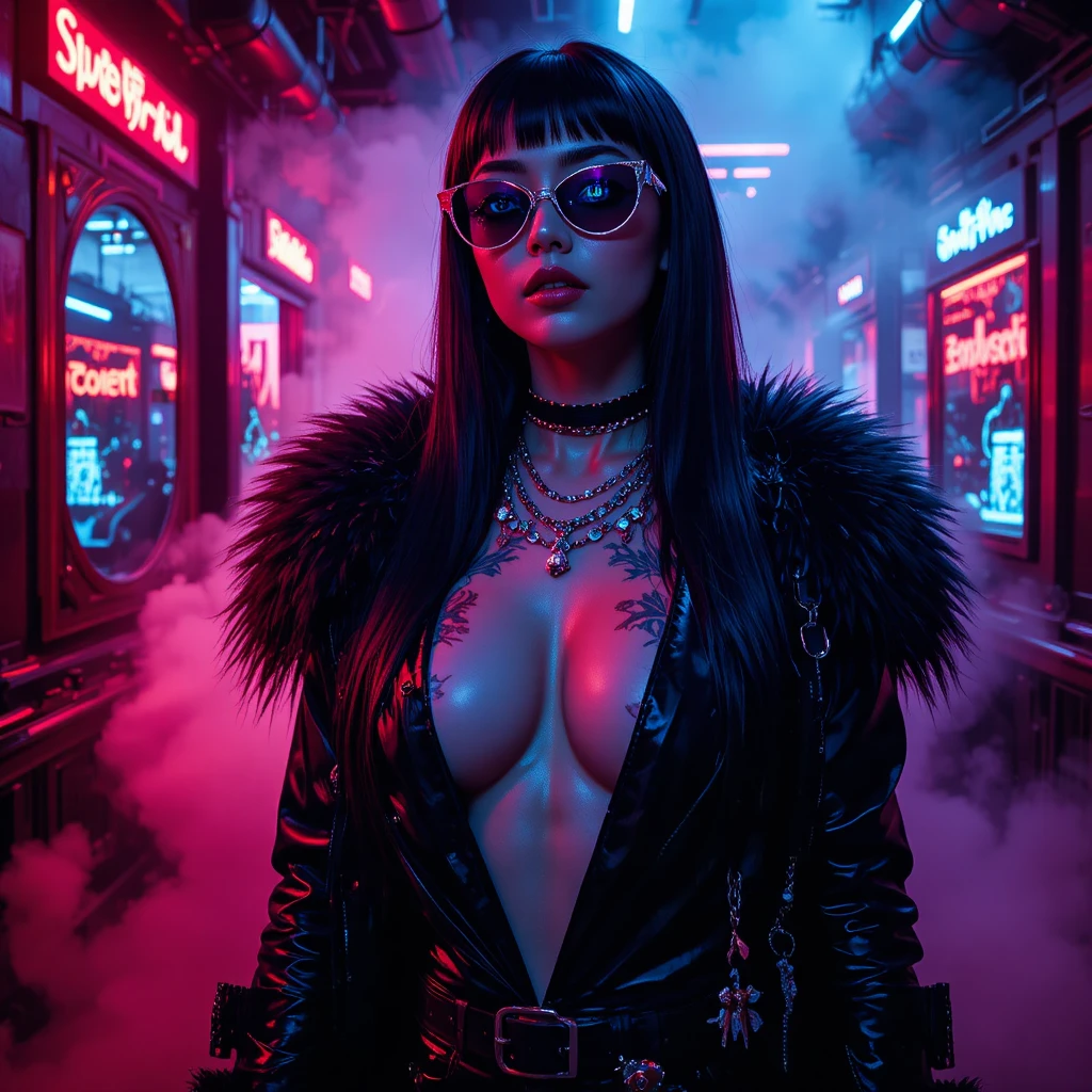 Cyberpunk woman in crimson nightclub fashion portrait