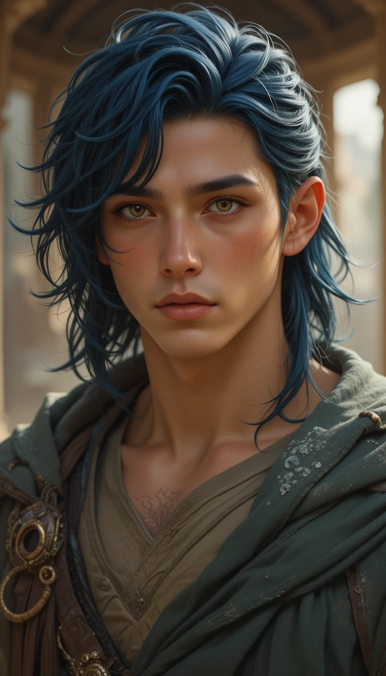 Fantasy man with dark indigo hair and olive eyes