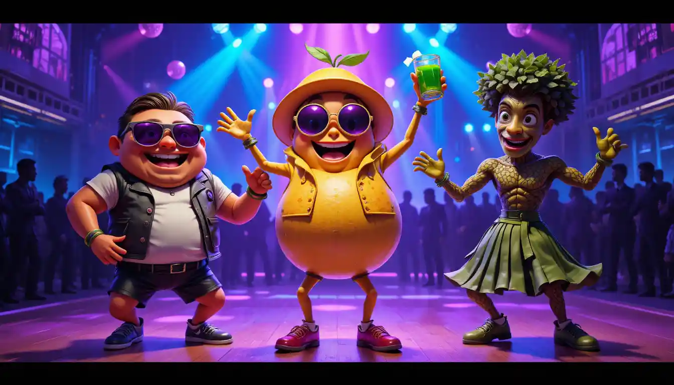 Anthropomorphic characters dancing on a vibrant disco floor