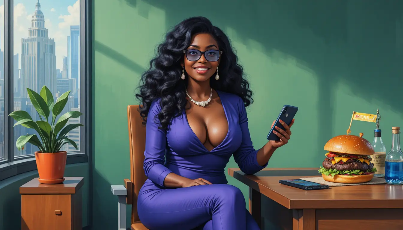 Curvy cartoon woman in messy creative office interior