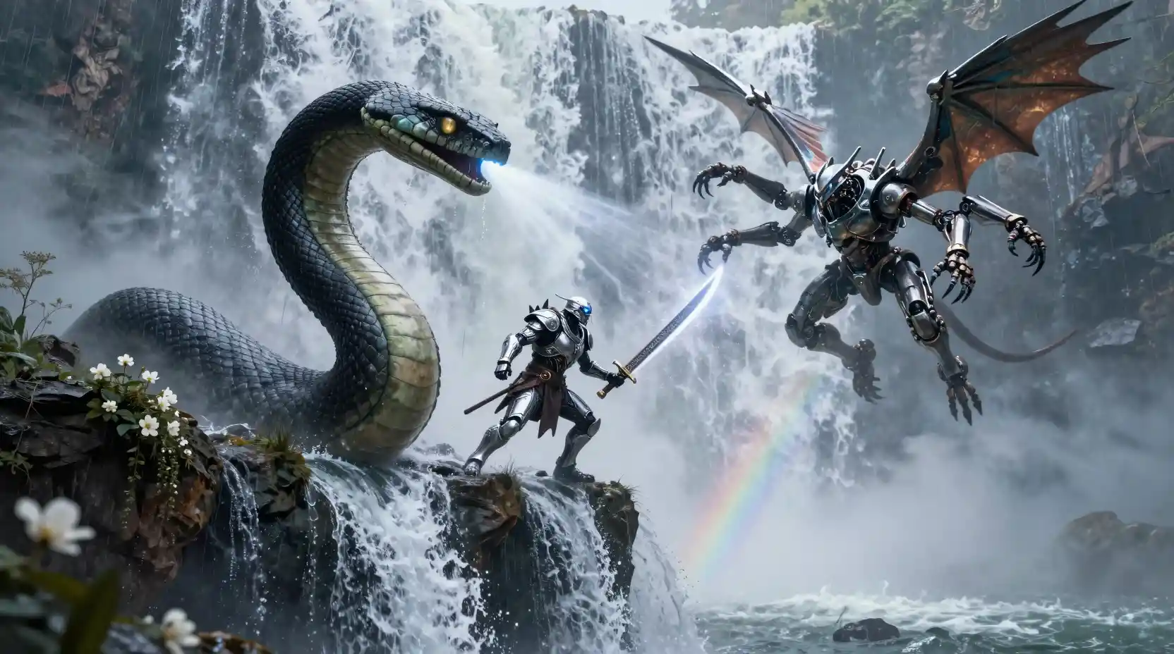 Mechanical warriors battling a serpent above a vast waterfall