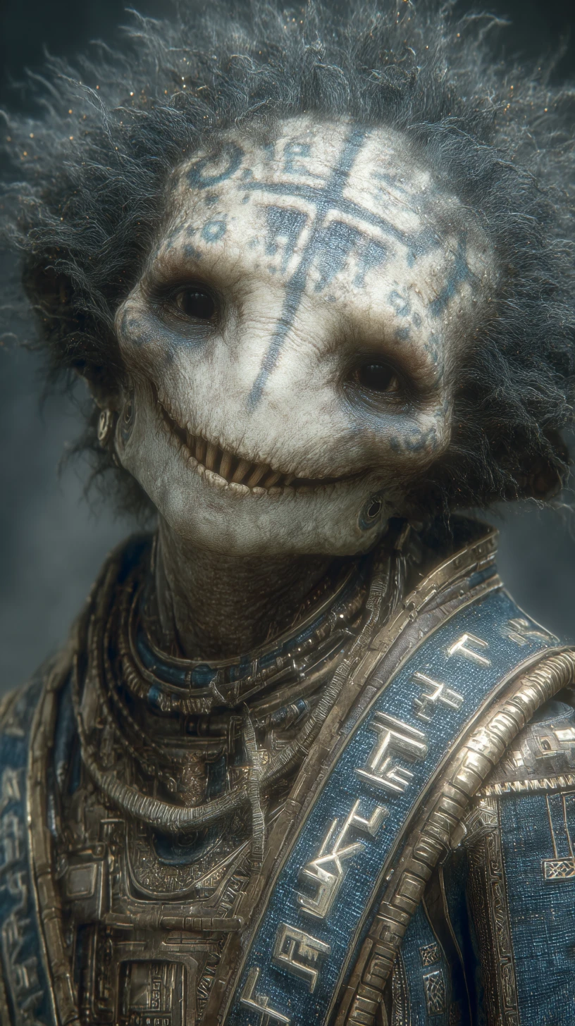 Menacing alien portrait with void black eyes and glowing runes