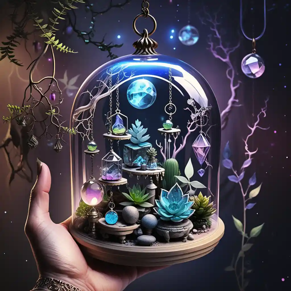 Hanging glass terrariums with gemstones and succulents