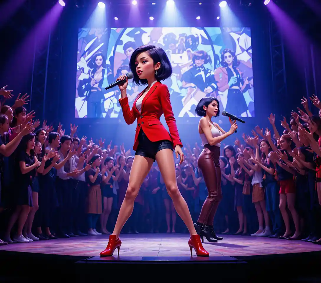 Young singer in red blazer performing on concert stage